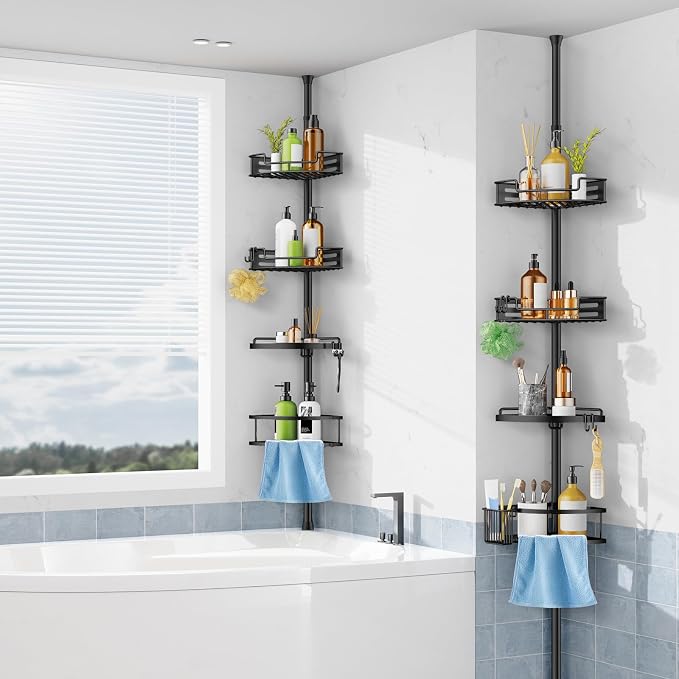 HAMITOR Corner Shower Caddy Tension Pole: Quick Installation 4-Tier Rustproof Bathroom Organizer Shelves for Bathtub Shampoo Storage - 47-121 inch Adjustable Floor Standing Bath Rack Holder - Black