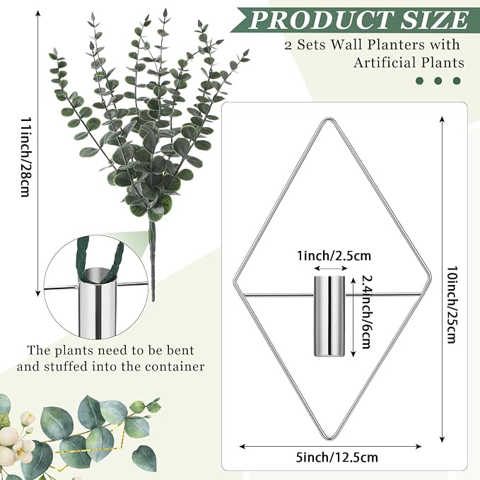 Jexine 4 Pcs Hanging Planters with Artificial Eucalyptus, Chrome Silver Wall Decor Metal Hanging Vase Indoor Plants Holder Modern Geometric Bathroom Decor for Living Room Home Office