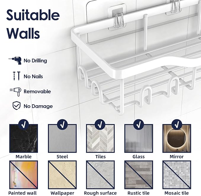 NESOMI Shower Caddy Adhesive Shower Organizer 7-Pack, Rustproof Stainless Steel Bathroom Shelves, Large Capacity No-Drill Rack Storage Accessories with Soap Dish Toothbrush Holder Hooks