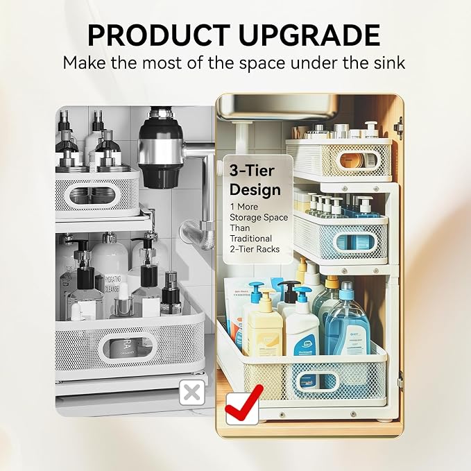 2 Pack 3 Tier Under Sink Organizer, Height Adjustable Heavy Duty Metal Under Cabinet Drawer Pull Out Shelf with Smooth Silent Sliding Design, Organizer and Storage Rack for Kitchen, Bathroom, White