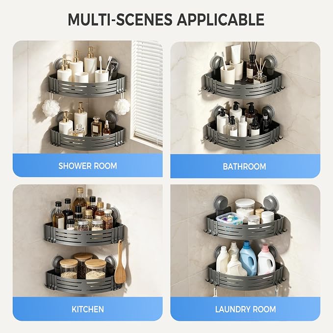 Lekesky Corner Shower Caddy Suction Cups, No Drilling Bathroom Shower Shelf | Aluminum, Rustproof, Suction Cup Can Remove and Reposition, Can hold up to 22 pounds, Also Can hold large shampoo bottles