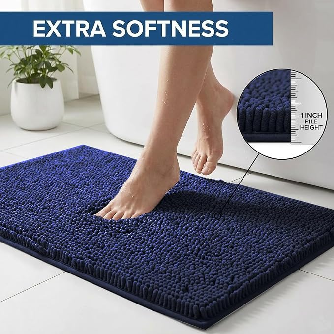 Bathroom Rugs Sets 2 Piece,Super Absorbent Chenille Bath Mats and U-Shaped Toilet Rug,Strong PVC Non Slip Backing,Microfiber Washable Dry Quickly Bath Mats for Bathroom(20"x32"+20"x20"U,Navy Blue)