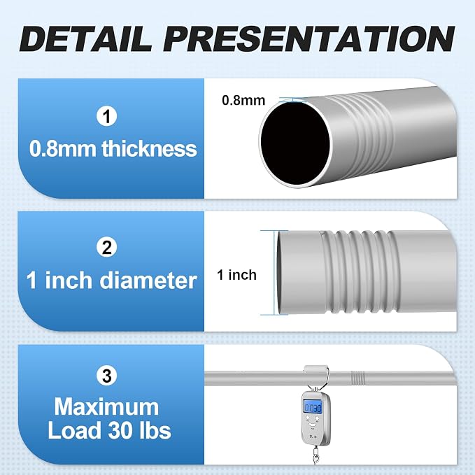 CorkLatta Silver Shower Curtain Rod 31 to 92 Inch,1 Inch Diameter Adjustable Spring Tension Stainless Steel Telescoping Rod,Easy Install,No Rust