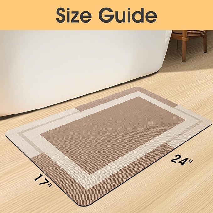 ACCUMTEK Non Slip Bath Mat, Thin Bathroom Rugs Fit Under Door, Quick Dry Bath Mats, Machine Washable Bath Rugs for Bathroom, Bathtub & Kitchen, Bathtub, Light Brown/Bordered/24 x17