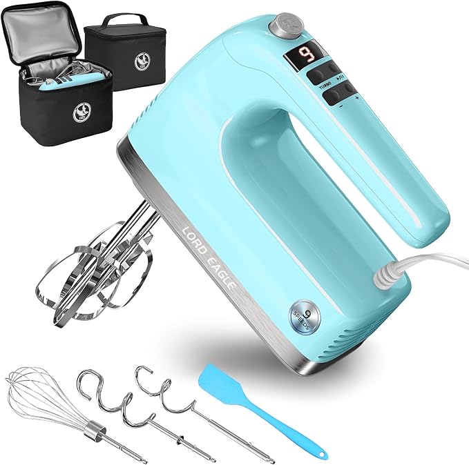 Lord Eagle 9-Speed Digital Hand Mixer Electric Handheld, 500W DC Motor Kitchen Mixer for Cake Baking, Lightweight Egg Beaters with Stain-resistant & Waterproof Storage Bag & 6 Accessories, Blue