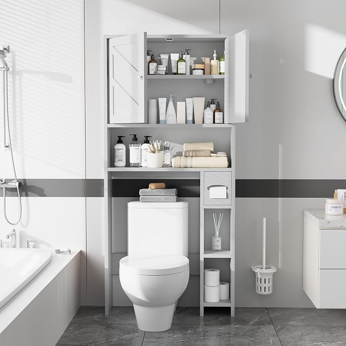 Bathroom Storage Cabinet Over Toilet with Toilet Paper Holder Stand, Freestanding Bathroom Storage Organizer Cabinet Space Saver W/Adjustable Shelf, White