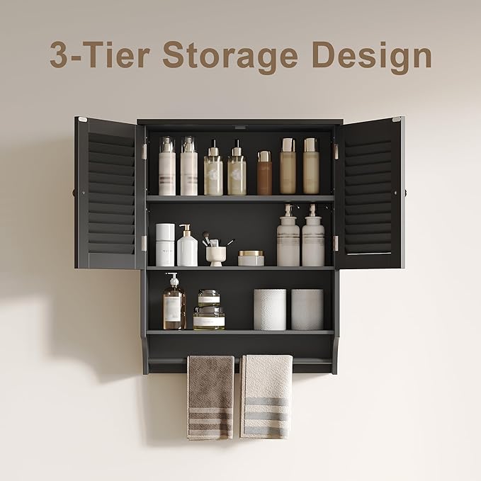 ChooChoo Bathroom Wall Cabinet with Towels Bar, 23.6" L x 8.8" W x 29.5" H MDF Material Medicine Cabinet, 2 Doors Over The Toilet Space Saver Storage Cabinet with Large Space, Black