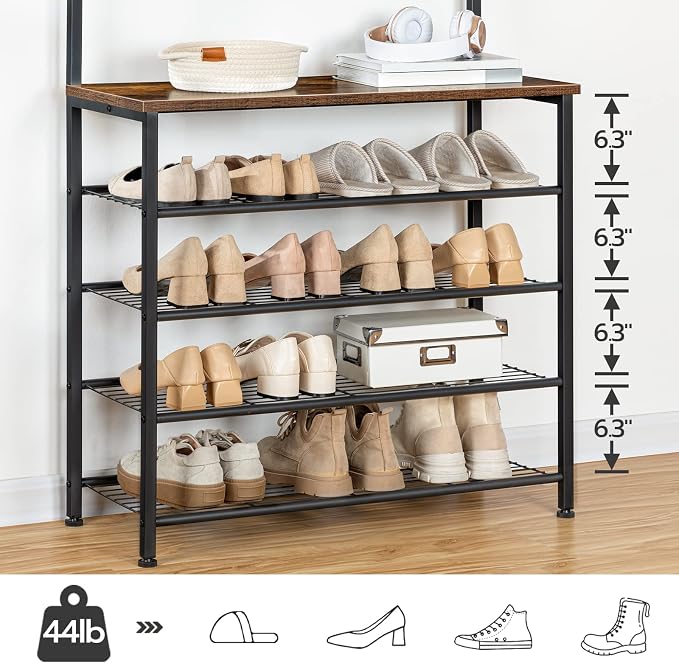 HOOBRO Hall Tree, Coat Rack with Shoe Rack, Hall Tree with Bench, 5 Tier Shoe Storage Organizer with 9 Hooks for Entryway, Closet, Sturdy, Industrial, Rustic Brown and Black BF80MT01G2