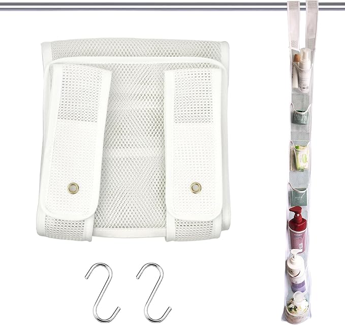 Mesh Shower Caddy Hanging, 7 Pocket Organizer, Premium Polyester, Foldable, Lightweight, Portable, White-1Pack