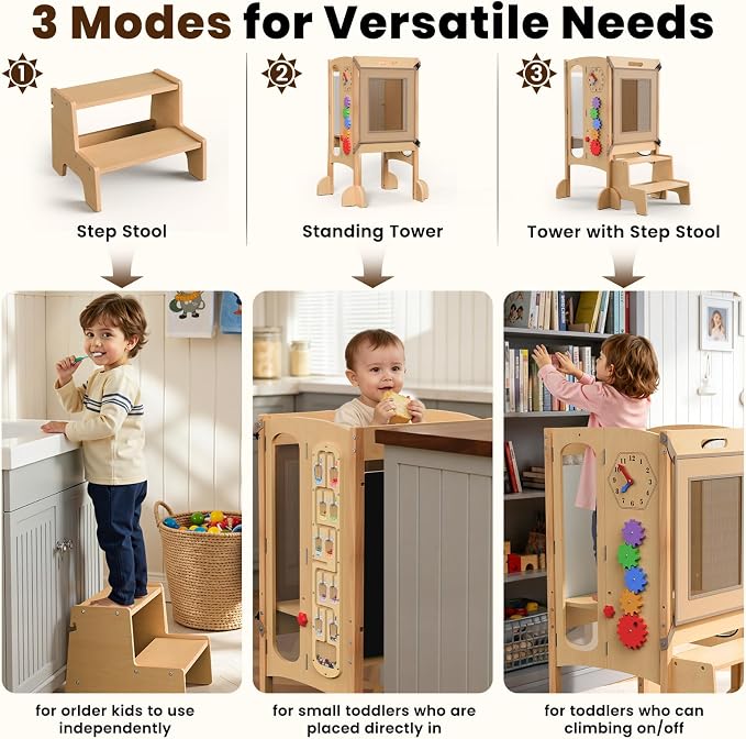 JUZBOT Toddler Tower- Foldable Wooden Kitchen Stool Helper with Safety Net, Anti-Tip Base, Detachable Step, Chalkboard & Whiteboard, 150lb Capacity, Montessori Gift for Kids 18M-5Y