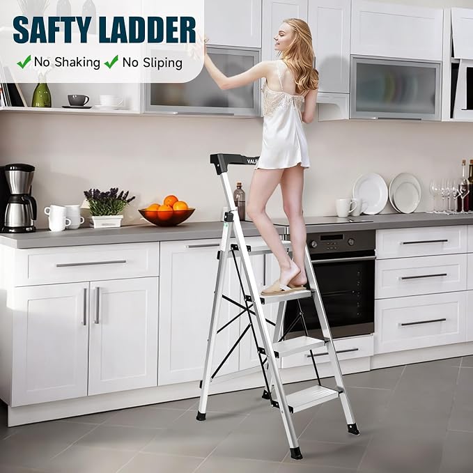 Valeo Aluminium 4 Step Ladder with Retractable Handgrip,Anti-Slip Pedal,330 lbs Capacity,Folding Step Stool for Kitchen, Garage, Home, Space Saving, Sturdy and Portable, Silver