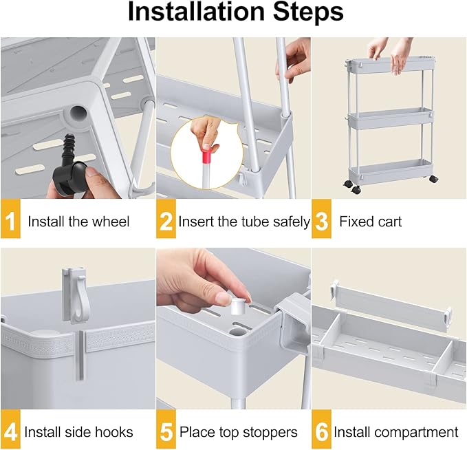 SPACELEAD Slim Storage Cart 3 Tier,Bathroom Organizer Rolling Utility,Mobile Shelving Unit Slide Out for Office, Kitchen, Laundry Room & Narrow Places,Gray