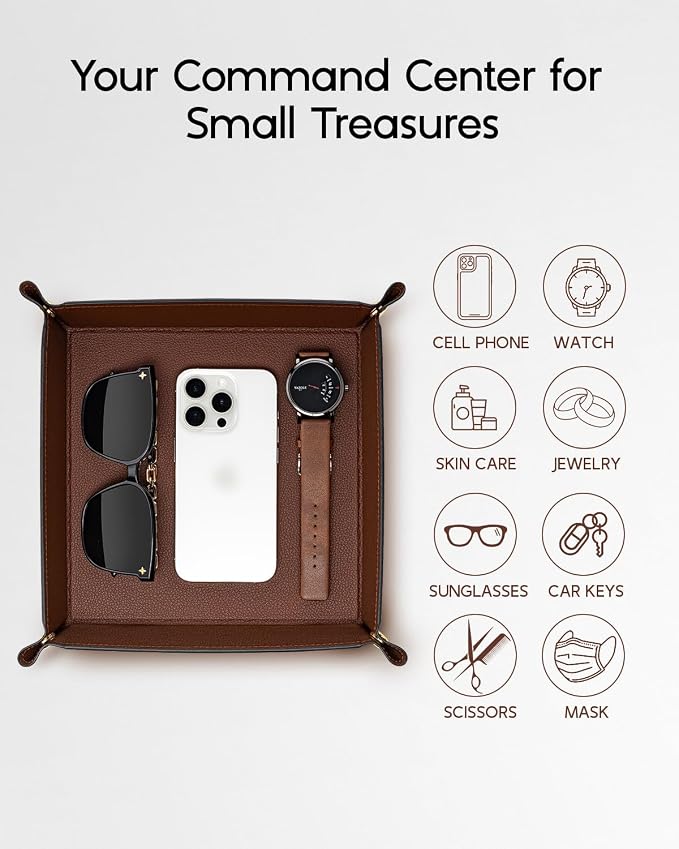 VLANDO Valet Tray for Men Women, Nightstand Organizer Vanity Catchall Holder for Dresser Desk Storage Bedside, Travel PU Leather Jewelry Key Bowl Coin Watches and Candy Entryway Tray - Large, Brown