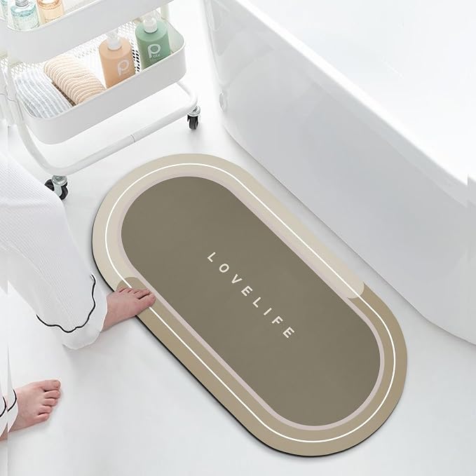 Rubber Bath mats Quick-Drying Non-Slip Bathroom mat Super Absorbent Bath mat Instant Dry Bath mat, Bathroom Rug in Front of The Kitchen Sink, Shower Room, Bathtub, Oval(Beige+16.9x35.4in)
