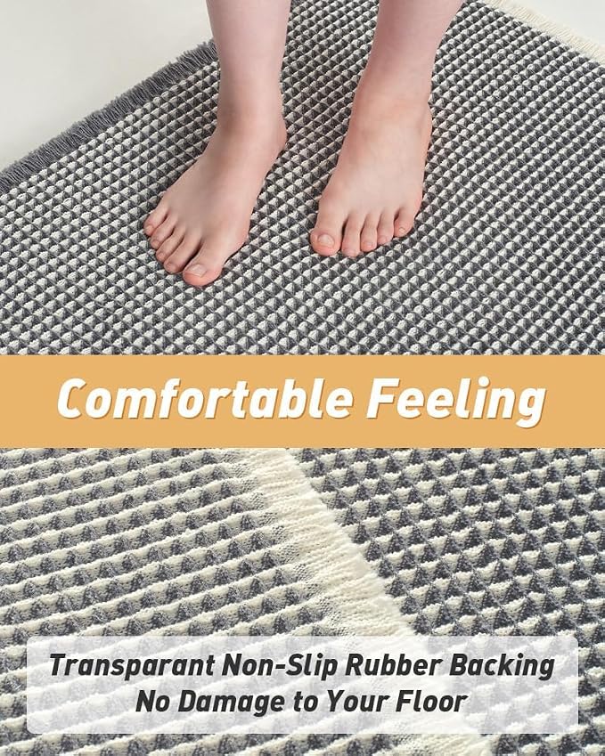 Upgraded Waffle Runner Rug Super Absorbent Non Slip Bath Mats for Bathroom Washable Bathroom Runner Rug with Tassels, Ideal for Hallway Bedroom Laundry Room, Dark Grey & Cream, 2' x 5'(24" x 60")