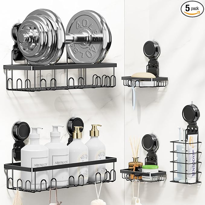 JOTPE Shower Caddy Suction Cup 5 Pack, No Drilling & Removable Suction Cup Shower Shelf for Bathroom with Large Capacity, Powerful Shower Organizer Max Hold 40 lbs, Waterproof Bathroom Shelf, Black