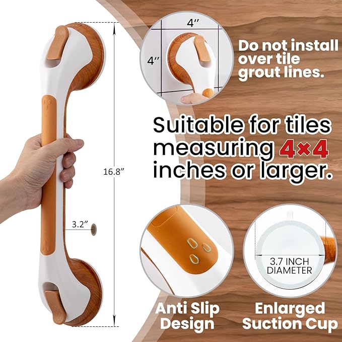 TAILI Grab Bars for Bathtubs and Showers 2 Pack Suction Grab Bar, Heavy Duty Shower Handle Removable Bath Handrails for Seniors and Elderly, Bathroom Safety Grip No Drilling Waterproof,Wood Grain,G9