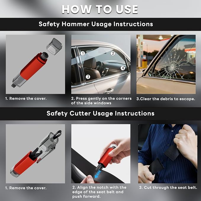 4PCS Window Breaker Seatbelt Cutter Car Safety Hammer, 2-in-1 Glass Breaker and Seat Belt Cutter with Test Glass, Underwater Emergency Escape Tool for All Vehicles (Red)