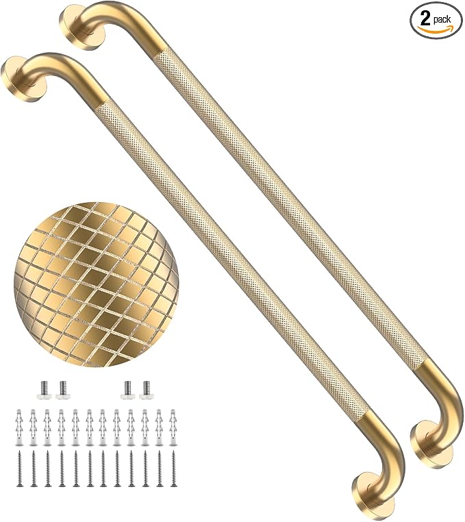 32 Inch Brushed Gold Shower Grab Bar with Anti-Slip Knurled Grip,YuanDe Stainless Steel Bathroom Grab Bars，Shower Handrail Support, Handicap Elderly Balance Assist Handles