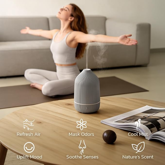 Essential Oil Diffuser, 100ml Aromatherapy Diffuser, Mini Ultrasonic Diffuser for Essential Oil, Home, Office, Cool Mist Humidifier with 7 Led Light, Auto Shut-Off, Grey