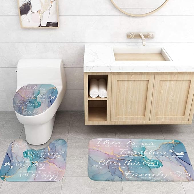 4Pcs Family Marble Shower Curtain Sets with Rugs,Pink Blue Home Inspirational Bathroom Decor Set, Bathroom Sets with Shower Curtain and Rugs, Waterproof Bathroom Shower Curtains, with 12 Hooks