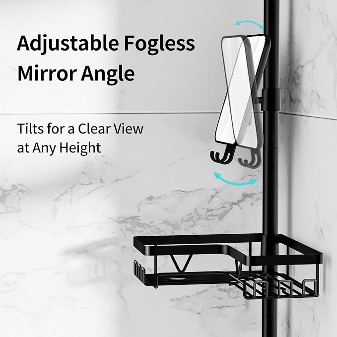 KEGII Shower Caddy Tension Pole - Adjustable Rustproof Corner Bathroom Organizer with Fogless Shower Mirror, 25–114.2 Inch No-Drill Bathroom Storage, Black