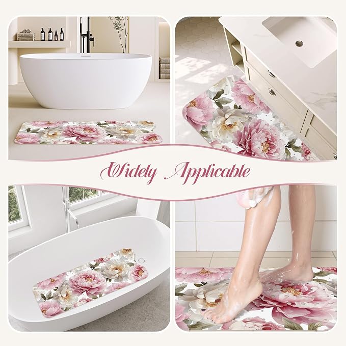 SHUCHING Vintage Peony Flower Bath Mat for Tub Non Slip-40 X 16Inch, Bathtub Mat Anti Slip for Women, Extra Long Shower Mat for Bathroom Mold Free, Machine Washable