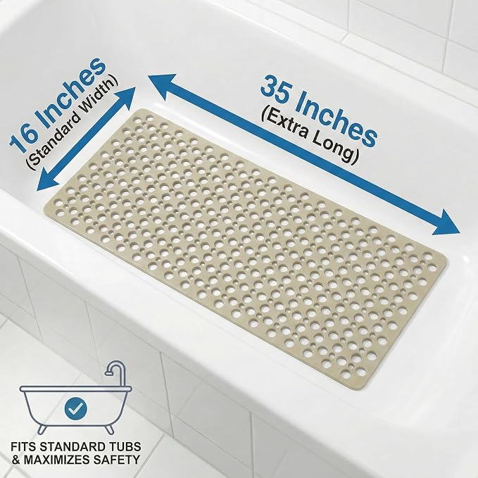 Nonslip Bathtub Mat Extra Soft TPE Bath Mat for Kids, Machine Washable Bathroom Shower Mat, Smooth/Non-Textured Tubs Only, 35L x 16W Inch (Light Brown)