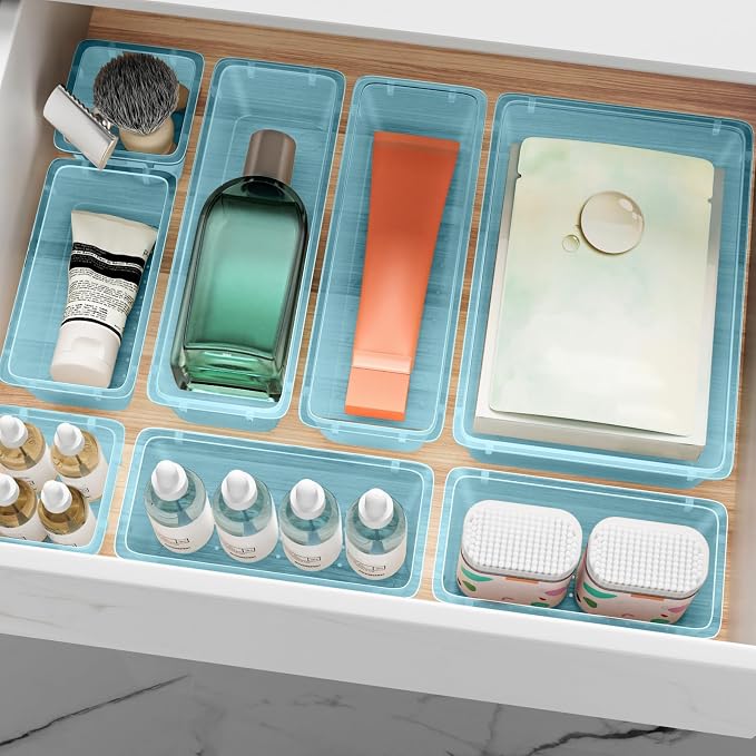 ElegantArray 12-Piece Drawer Organizer Set, 4 Sizes Versatile Plastic Vanity Organizer for Makeup, Stationery, Gadgets, in Kitchen, Bathroom, Office, and Bedroom, Sea Blue