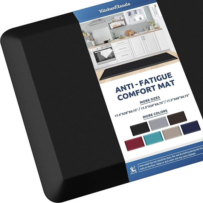 KitchenClouds Kitchen Mat Cushioned Anti Fatigue Kitchen Rug 0.8inch Water Resistant Non Slip Kitchen Rugs and Mats Standing Desk Mat Comfort Floor Mats for Kitchen Sink Office (17.3"x60",Black)
