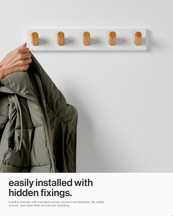 LARHN Wall Mounted Coat Rack, White with 5 Heavy-Duty 1" Diameter Hooks (2-Pack), 16.5" - Wall Hook Rack - Modern Scandinavian Home Decor