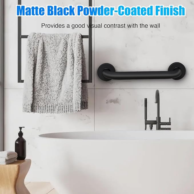 ROTHLEY 12 Inch Grab Bar for Bathtubs and Showers: Stainless Steel Shower Grab Bar Wall Mounted Shower Handle with Concealed Screws for Handicapped Elderly and Seniors (Matte Black)