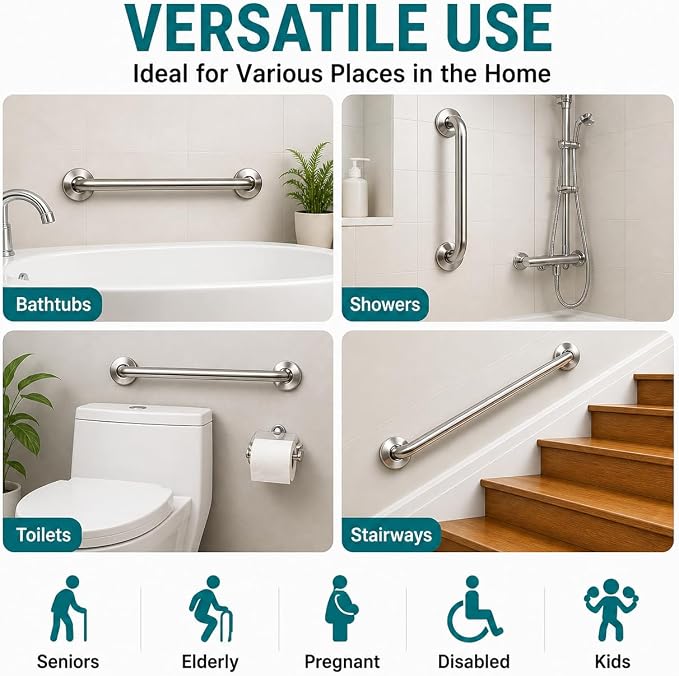 Grab Bars for Shower 3 Pack, 2x16 & 1x12 Stainless Steel Safety Handrails, Heavy Duty Wall Mounted Grab Bars for Bathroom, Stairways, Hallways, Toilet, Handicap & Elderly Support, 500 lbs
