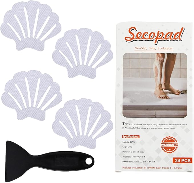 Secopad Non-Slip Bathtub Stickers, 24 PCS Shell Safety Bathroom Tubs Showers Treads Adhesive Decals Scraper (White)