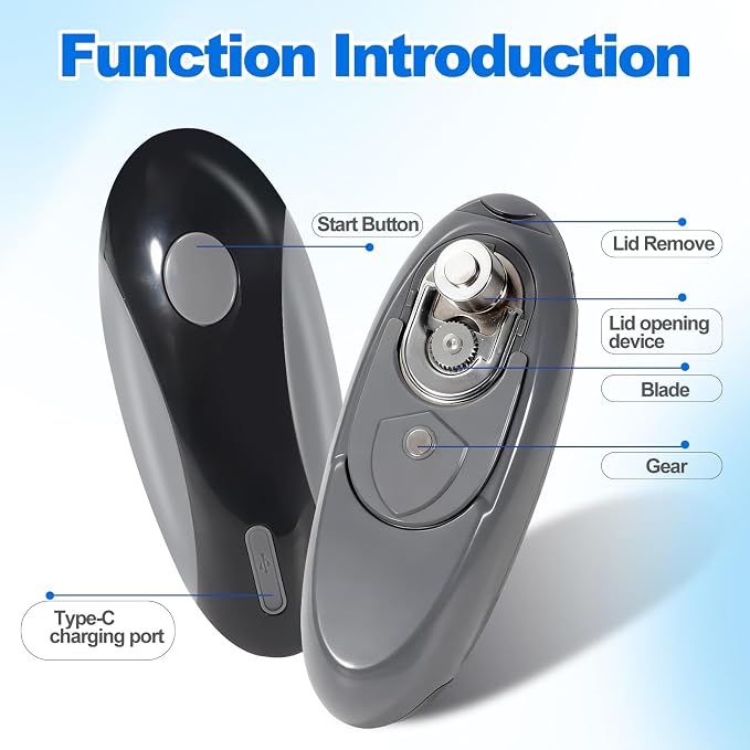 Rechargeable Electric Can Opener for Seniors with Arthritis, Handsfree Automatic Can Opener Electric with Smooth Edge, Magnet Lid Lifter, Fits Almost Can Sizes, Can Opener for Kitchen (Black & Grey)