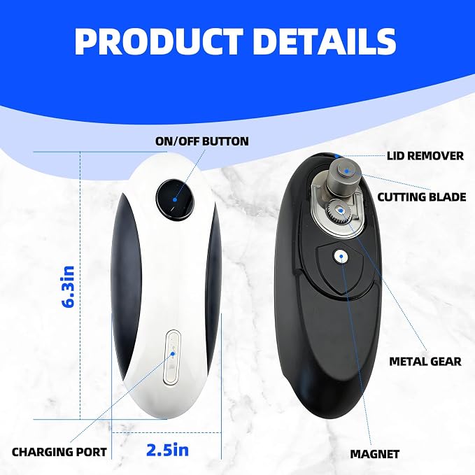 Rechargeable Electric Can Opener, One-Touch, Smooth Edge, USB-C Fast Charge, for Seniors, White