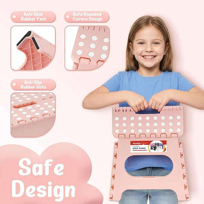 ACSTEP Folding Step Stool 11 Inch, Sturdy Plastic Foldable Step Stool for Kids & Adults, Non Slip Lightweight Collapsible Foot Stools Holds 300 lbs, Ideal for Kitchen, Bathroom, Bedroom, Light Pink