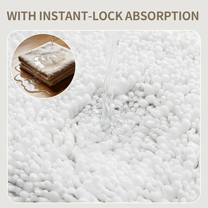 Bathroom Rugs Non Slip Washable 36x24, Extra Thick Soft Chenille Absorbent Bath Mat, High Density Barrier Non Slip Backing, Quick Dry Plush Shaggy Floor Carpet for Tub&Shower, White