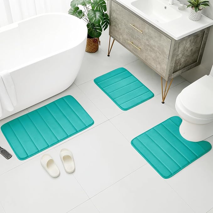 BYSURE Light Teal Memory Foam Bathroom Rug Set 3 Piece, Non Slip Extra Soft Absorbent Machine Washable Toilet Bath Toilet Mat (17"x24"+20"x32"+U Shape 20"x24")