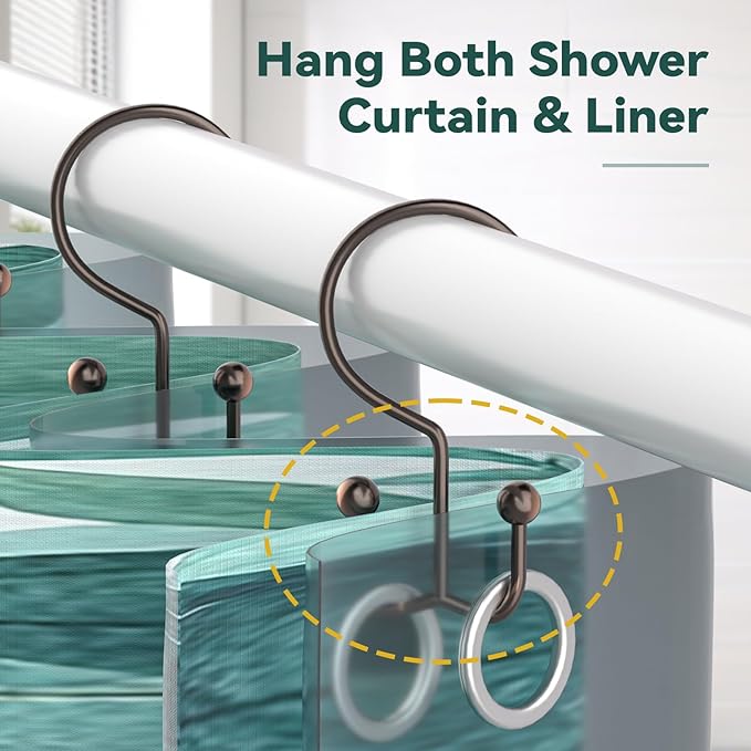 24 Pcs Shower Curtain Hooks, Goowin Shower Curtain Rings, Durable Rust Proof Black Shower Curtain Hooks, Shower Rings for Curtain, Double Glide Shower Hooks for Shower Curtain Rods, Bronze