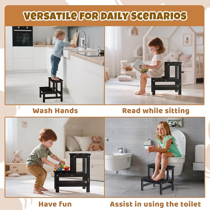 COSYLAND Step Stool for Toddlers - Two Step Stools Toddler 300 lbs Capacity with Safety Non-Slip Design, Natural Step Stool for Bathroom, Kitchen Dual Height Step Stools for Kids Black