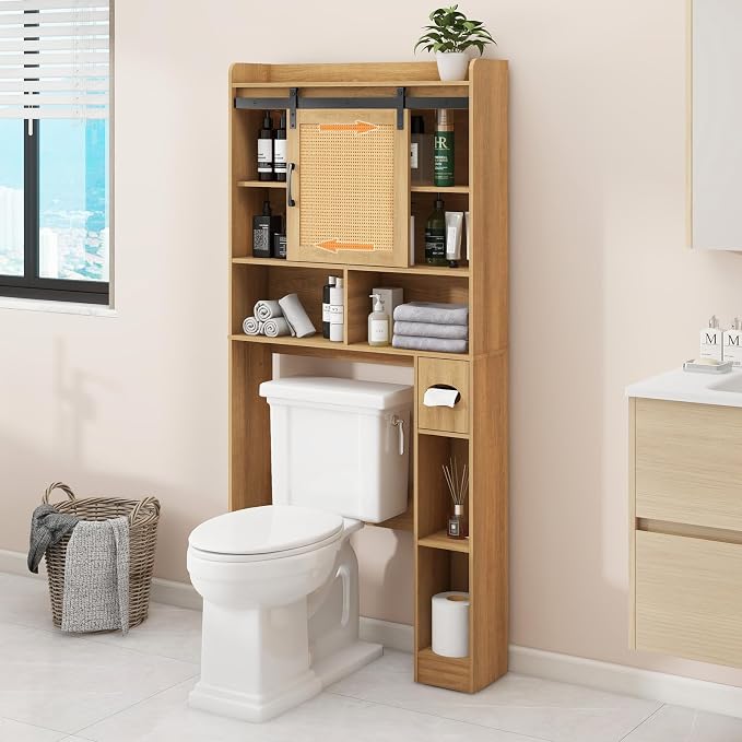 Vabches Over The Toilet Storage Cabinet, Farmhouse Rattan Storage Cabinet Over Toilet with Sliding Doors & Toilet Paper Holder Stand, Home Space-Saving Toilet Rack, for Bathroom, Laundry(Rattan Oak).