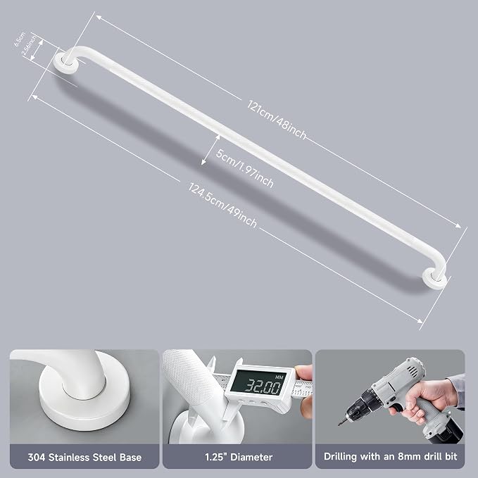 48 Inch Shower Grab Bar 1.25" Dia, 2 Pack White Anti Slip Bathroom Grab Bar, 304 Stainless Steel Knurled Handicap Grab Bars, Safety Support Handrail,Bath Shower Handle for Elderly Injury Senior
