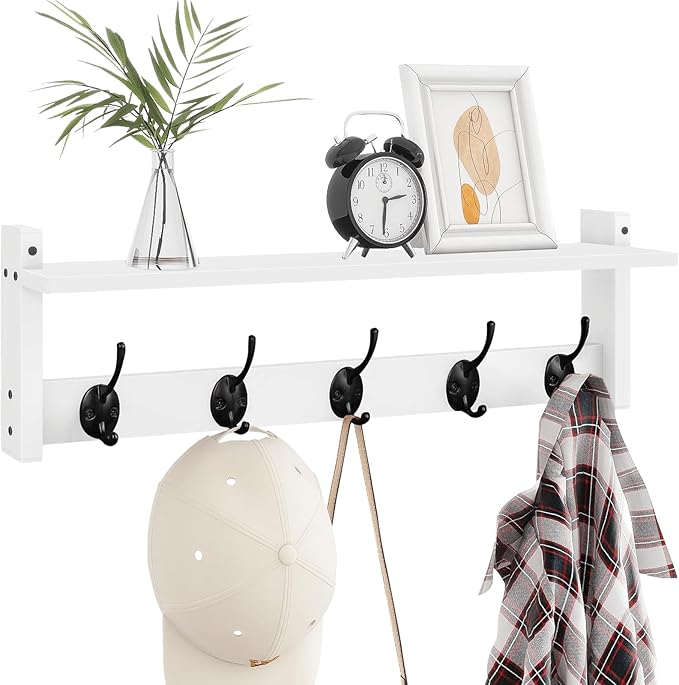 Homode Coat Rack with Shelf Wall Mount, 24 Inch Long Wall Shelf with Hooks Underneath, Wood Hanging Coat Hanger with Hat Shelves for Entryway, Bathroom, Mudroom, White