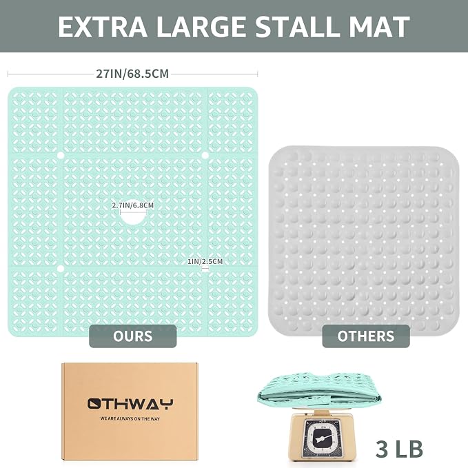 OTHWAY Square Shower Mat, 27"x 27" Extra Large Shower Mats for Inside Shower, TPE Anti Slip Shower mat with Suction Cups Drain Holes, Machine Washable Shower Floor Mat (Light Green)