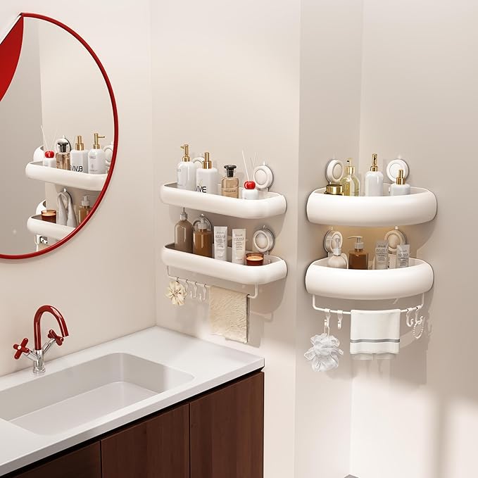 CICUFY Shower Caddy Suction Cup, 2 Pack No Drilling Corner Shower Shelves, Rust Proof Bathroom Storage Organizer, Shower Corner Caddy with Removable Hooks and Towel Bar, Square, Cream