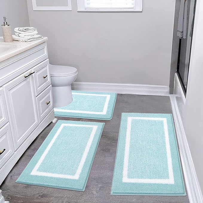 Pauwer Bathroom Rug Set 3 Piece: Plush Microfiber Shaggy Bath Mats, Non Slip, Machine Washable, Light Blue, 18x26+20x32+U Shape 20x24