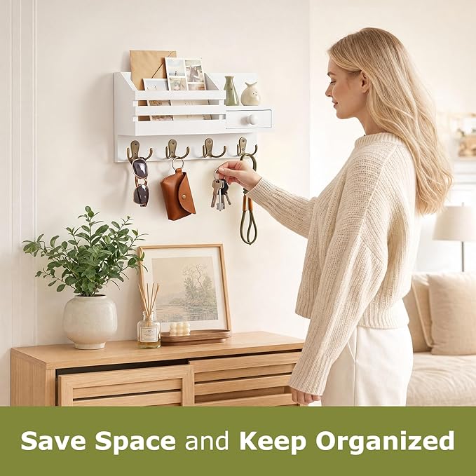 Key Holder Wall Mount, Wooden Adhesive Mail and Key Organizer with Drawer, Small Shelf, 8 Hooks, 2 Installation Methods, White