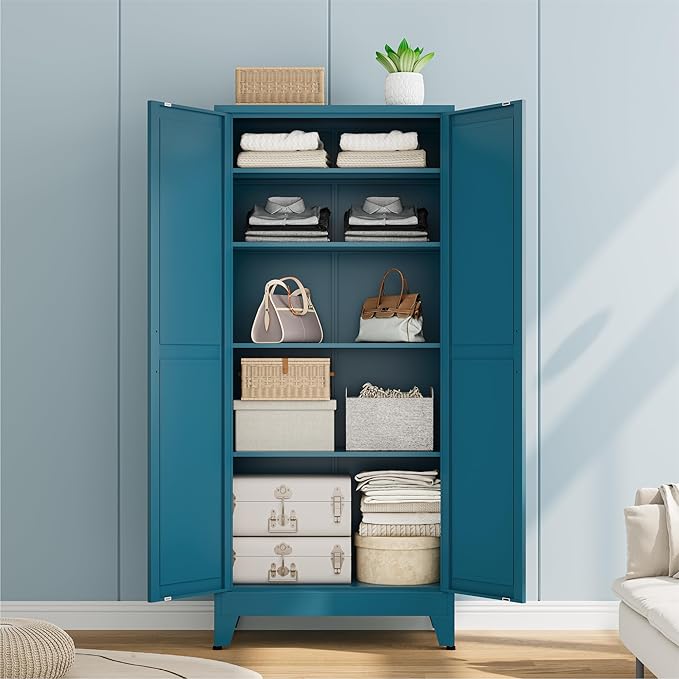 Bevivog Metal Kitchen Pantry Cupboard Cabinet, 71" Blue Storage Cabinets with 2 Doors and 4 Adjustable Shelves for Kitchen/Home Office/Dining Room/Living Space