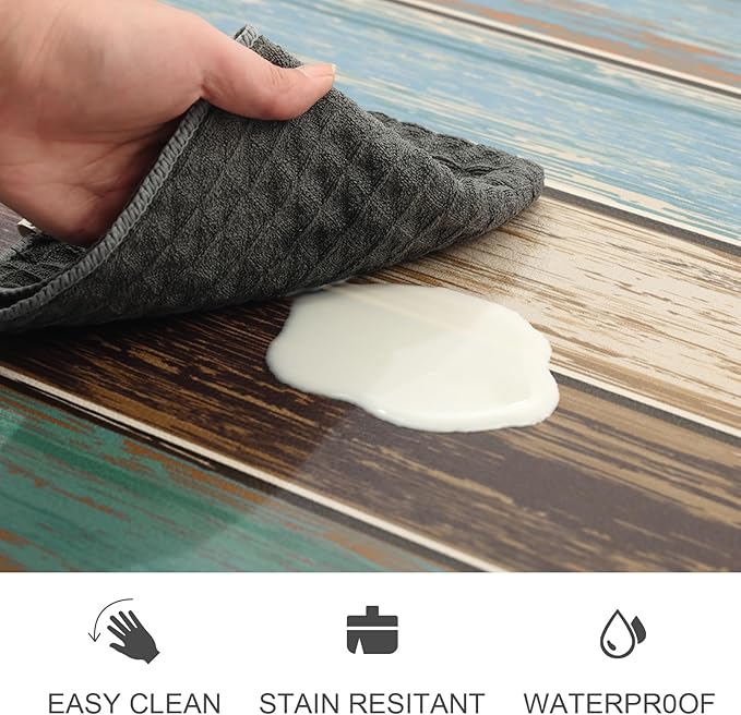 MAYHMYO Kitchen Rugs and Mats Set of 2 Teal Farmhouse Anti Fatigue Mat PVC Non Slip Retro Rustic Wood Texture Kitchen Mats for Floor,17.3 x 29 x 0.4 inch + 17.3 x 47 x 0.4 inch